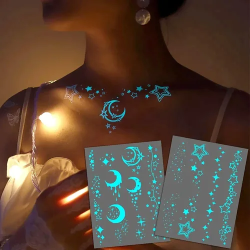 Miniatura 2 de Tatuajes Temporales de Estrella Luminosa Azul y Luna Creciente para Mujeres Clavícula Niñas Adultos Cuello, 4 Hojas Mariposa Planeta Encaje Sexy