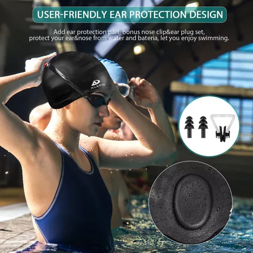 Miniatura 4 de Alepo 2 Pack Unisex Swim Caps with 3D Ear Protection, Durable Flexible Silicone Swimming Hats for Women Men Kids Adults, Bathing Swimming Caps for