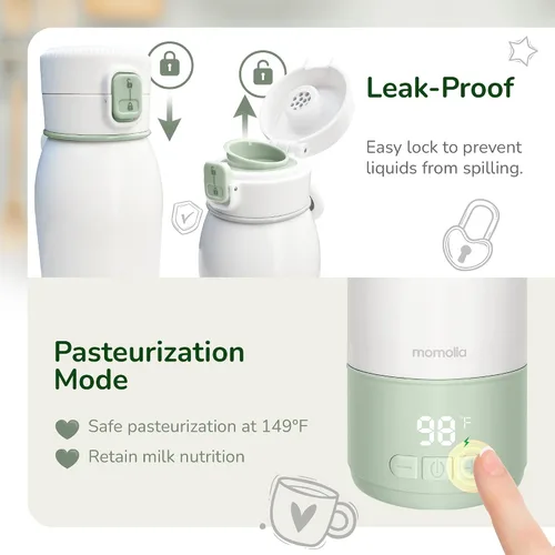 Miniatura 9 de Calentador de leche portátil para viajes, modo de pasteurización, capacidad de 17 onzas, calentamiento rápido de 3 minutos y batería de larga