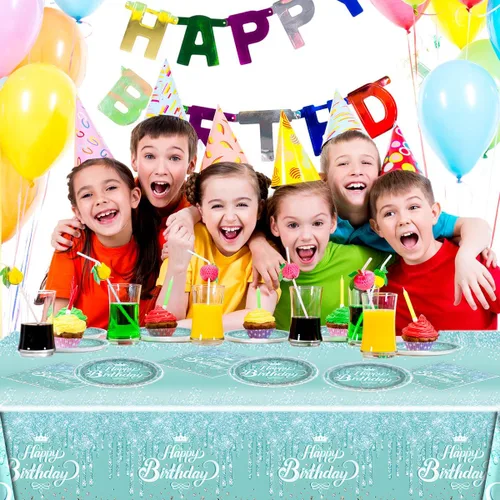 Miniatura 7 de Juego de vajilla verde azulado y plateado, tema de feliz cumpleaños azul, 20 platos y 20 servilletas y manteles de 71'' x 42'' para niñas y mujeres