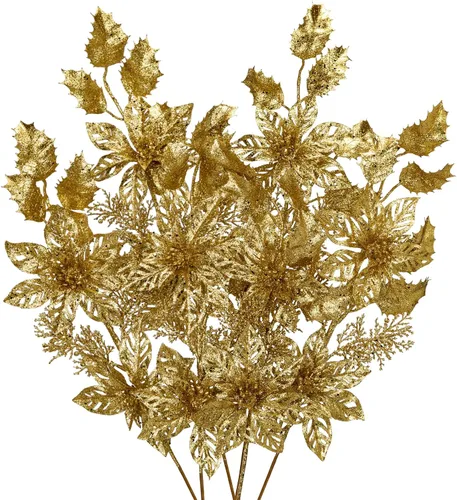 Miniatura 7 de 6 piezas de selecciones para árbol de Navidad de 25 pulgadas con purpurina, flores de Pascua con purpurina en aerosoles con flores, hojas de acebo