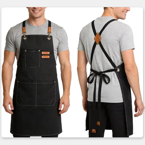 Miniatura 6 de Delantales de chef para hombres y mujeres con bolsillos grandes, delantal de lona de algodón resistente con espalda cruzada Negro