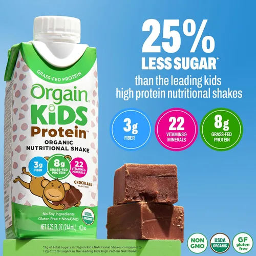 Miniatura 3 de Orgain Organic Kids Protein Batido Nutricional, Chocolate - 8g de Proteína, 22 Vitaminas y Minerales, Frutas y Verduras, Sin Gluten, Sin Soja, Sin