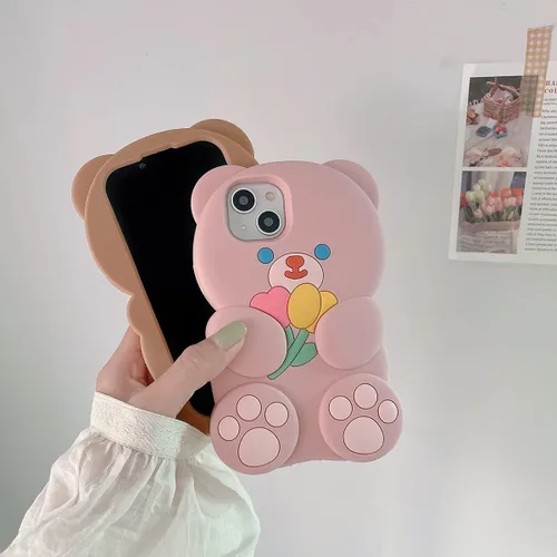 Miniatura 3 de Fundas para iPhone 13 Pro Lindas con Diseño de Oso de Flores de Dibujos Animados, Funda Rosa de Silicona Blanda 3D para Mujeres y Niñas, Funda Oso