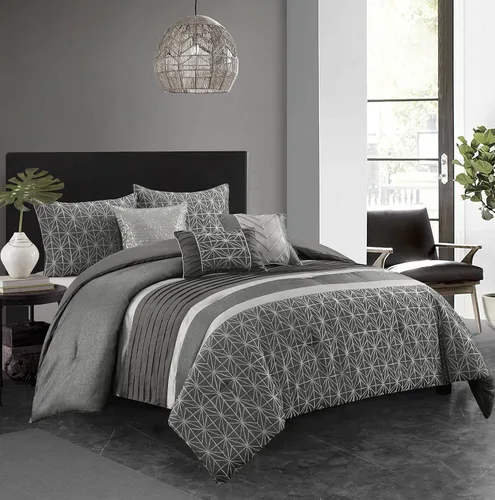 Grand Avenue Juego de edredón geométrico gris, 6 piezas, jacquard para todas las estaciones, falda de cama, almohadas y fundas de almohada