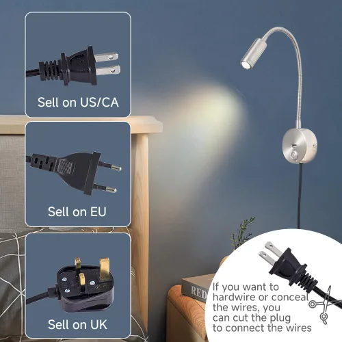 Miniatura 4 de Luz de lectura regulable montada en la pared con puerto de carga USB, luz de lectura LED enchufable, lámparas de pared con cuello de cisne flexible