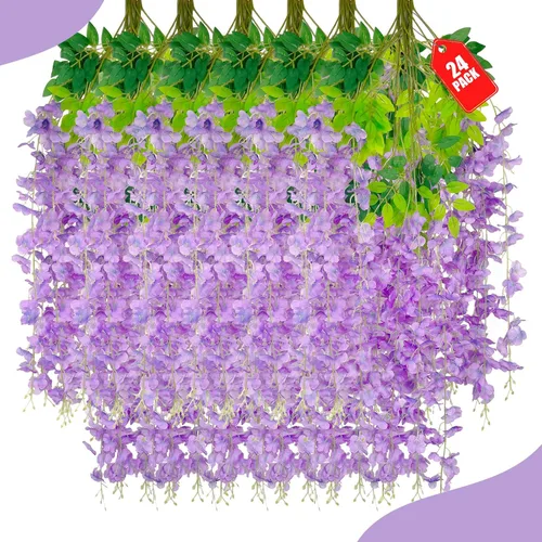 Miniatura 20 de Paquete de 12 flores colgantes de glicina rosa, flores colgantes falsas de 3.44 pies, guirnalda de glicina artificial para decoración de boda, telón