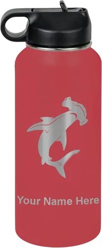 Miniatura 37 de LaserGram Botella de agua personalizada, tiburón martillo, acero inoxidable de doble pared aislada al vacío con popote superior, regalo grabado