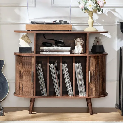 Miniatura 13 de LELELINKY - Soporte grande redondo para tocadiscos con estación de carga y estante de exhibición acanalado, gabinete para tocadiscos color negro