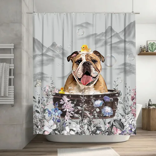 jamie world Cortina de ducha de granja en blanco y negro, divertida cortina de ducha floral de bulldog para baño, cortina de ducha de animales, tela