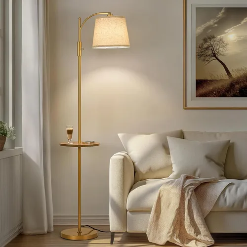AIDENOEY Lámpara de pie totalmente regulable para sala de estar, lámpara de pie con interruptor giratorio con mesa y pantalla beige de lino, Dorado-1