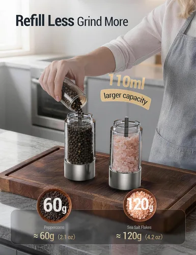 Miniatura 6 de ThermoMaven Juego de molinillo eléctrico de sal y pimienta de mayor capacidad, 3.7 fl oz, mezclador de sal y pimienta recargable con luz LED