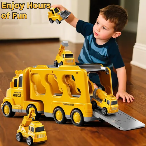 Miniatura 4 de Camiones de construcción de juguetes para niños de 2, 3, 4, 5 años, vehículo de transporte 5 en 1 para niños pequeños de 2 a 4 años con grúa