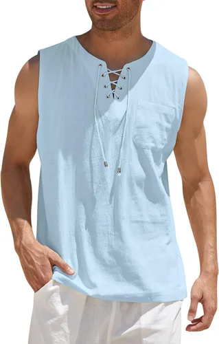 COOFANDY camisa para hombre sin mangas tipo camiseta, de lino de algodón, informal, con cordones, para playa, túnica estilo hippie, bohemia,