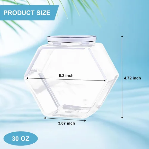 Miniatura 2 de 12 tarros hexagonales de plástico transparente de 30 onzas, tarros de galletas de plástico con tapas herméticas, recipientes reutilizables de boca