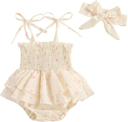 Miniatura 83 de Mameluco para bebés y niñas de 3, 6, 9, 12, 18 meses, enterizo de manga corta, fruncido, faldas y dobladillo, diadema