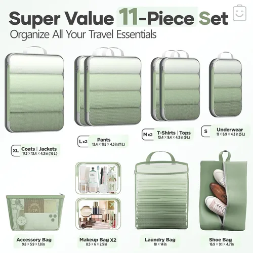 Miniatura 2 de Veken Juego de 11 cubos de compresión para artículos esenciales de viaje, bolsas organizadoras compresibles expandibles grandes para maletas