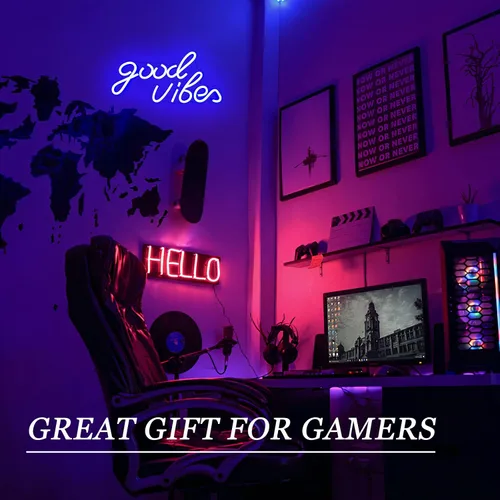 Miniatura 9 de Good Vibes - Letrero de neón LED para decoración de pared, luces de neón azules para dormitorio y fiesta, luz de neón brillante alimentada por USB