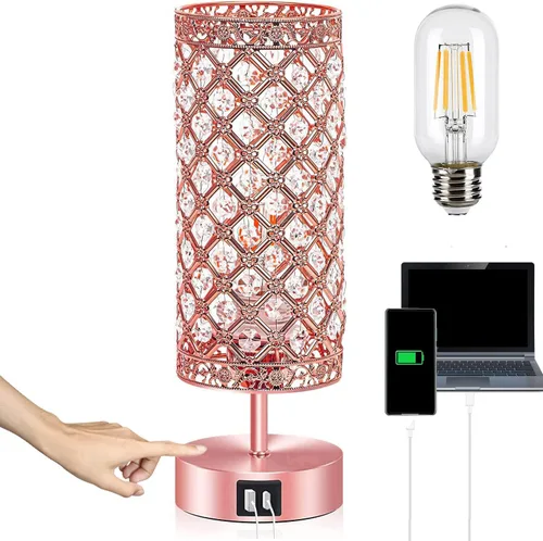 Miniatura 7 de Lámpara de mesa de cristal, lámpara de escritorio regulable K9 con control táctil, lámpara decorativa de cristal K9 con 2 puertos de carga USB