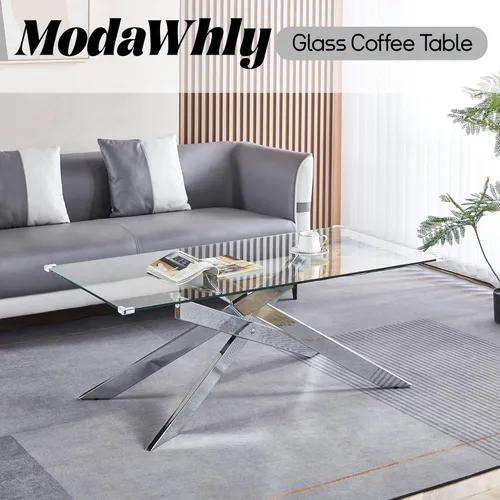 Miniatura 4 de Mesa auxiliar de cristal de 47 pulgadas, mesa central rectangular moderna con parte superior de vidrio templado transparente y patas de metal mesa