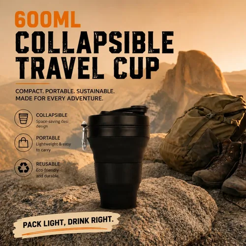 Miniatura 4 de Taza de Café de Silicona con Pajita y Tapa, Tazas Plegables para Viajar, 20oz, Taza de Agua Plegable Ligera para Picnic, Senderismo, Camping, Negro