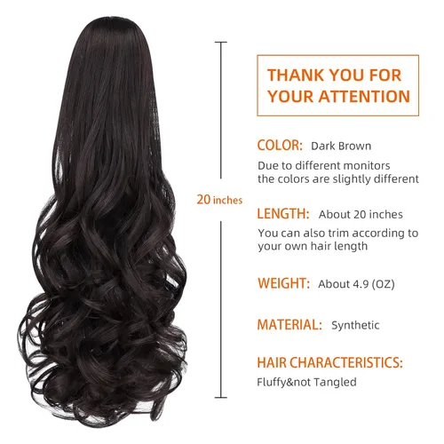 Miniatura 7 de Cola de caballo sintética con clip marrón, cola de caballo falsa de 22 pulgadas, 5.3 onzas, extensiones de cabello negro ondulado, extensiones
