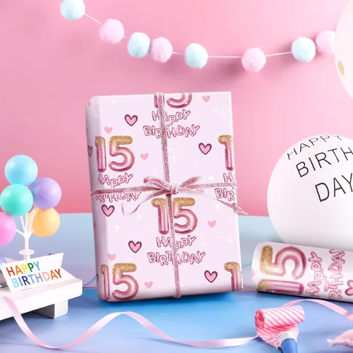 Miniatura 3 de RUSPEPA Papel de regalo de cumpleaños número 15 para niña, corazones y globos rosas del número 15, diseño de feliz cumpleaños, 15 años, mini rollo