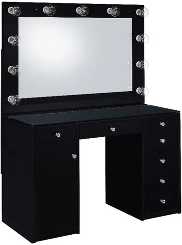 MAKLAINE Juego de tocador de 7 cajones con espejo iluminado, parte superior de madera y vidrio, acabado negro de alto brillo, tocador contemporáneo