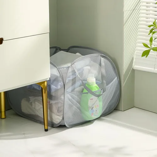 Miniatura 7 de TECHMILLY Cesta plegable de malla con asas fuertes, cesta de ropa de gran apertura con bolsillos laterales, cestas de almacenamiento para Negro