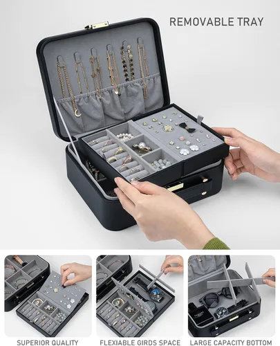 Miniatura 3 de V-LAFUY Organizador de viaje grande para joyas, joyero de viaje grande con asa, estuche de joyería de viaje grande para aretes, collares, anillos