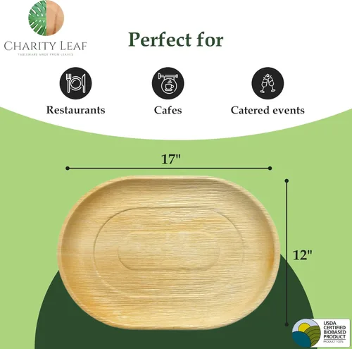 Miniatura 6 de Charity Leaf Bandejas desechables de hoja de palma de 17 x 12 pulgadas (10 piezas) platos de bambú para servir, tableros desechables, vajilla