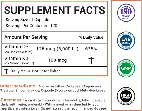 Miniatura 2 de Vitamina D3 5000 UI – Apoyo mejorado para huesos, corazón e inmunitarios – Apoya la absorción de calcio, fórmula limpia y confiable