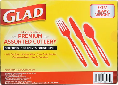 Miniatura 6 de Glad Cubiertos de plástico desechables, juego surtido, tenedores, cuchillos y cucharas transparentes extra resistentes, utensilios de fiesta