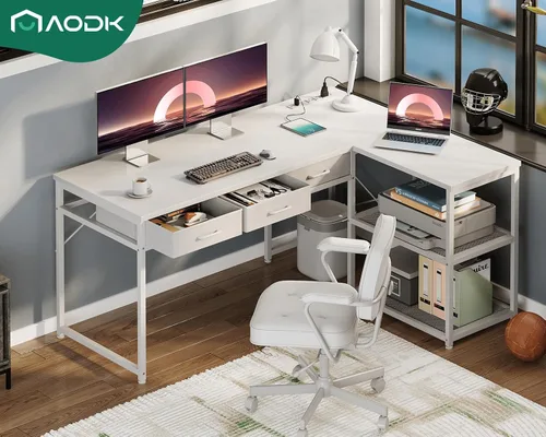Miniatura 3 de AODK - Escritorio de computadora en forma de L de 53 pulgadas con cajones, con tomas de corriente y estantes de almacenamiento, soporte móvil