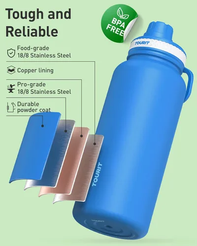 Miniatura 2 de TOURIT Botella de agua aislada de 24 onzas, botellas de agua de acero inoxidable con asa, botella de agua deportiva al vacío de doble pared, sin