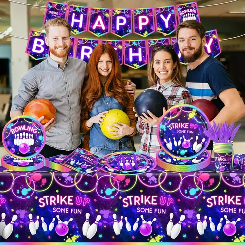 Miniatura 6 de GREHUMOR Vajilla de fiesta de cumpleaños de bolos 142 piezas ¡Vamos a divertirnos con algunas decoraciones de fiesta de bolos! Arcoíris neón