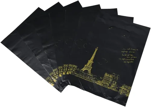 Miniatura 21 de ysmile Pequeña bolsa de compras de plástico negro con asa para pequeñas empresas Bolsa de plástico de mercancía troquelada bolsa de polietileno 100