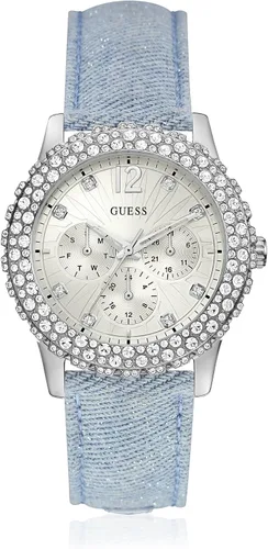 GUESS Reloj analógico de cuarzo para mujer con correa de piel W0336L7, color plateado, a la moda., Color plateado., A la moda.