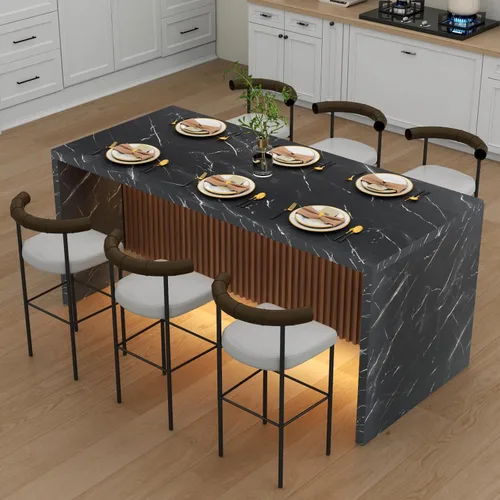 Miniatura 11 de Mesa de comedor grande de mármol de imitación de 63 pulgadas para 4-6 personas, mesa de isla de cocina con luces LED, mesa de comedor de cocina