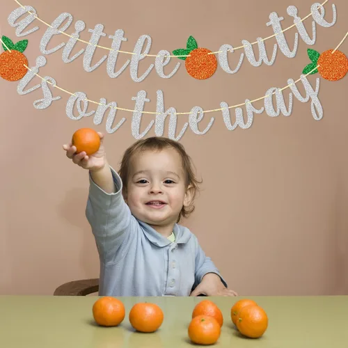 Miniatura 6 de Cartel con texto en inglés "A Little Cutie Is On The Way", pancarta de cítricos, cumpleaños temático naranja, decoración de fiesta de cumpleaños