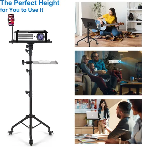Miniatura 5 de Tossbiss Trípode para laptop con ruedas con 2 estantes, soporte de suelo para proyector portátil, altura ajustable de 25.9 a 51.8 pulgadas