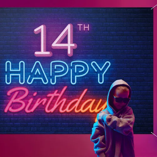 Miniatura 3 de Cartel de fondo de neón brillante con texto en inglés "Happy 14th Birthday", decoración temática de fiesta de cumpleaños de 14 años, suministros