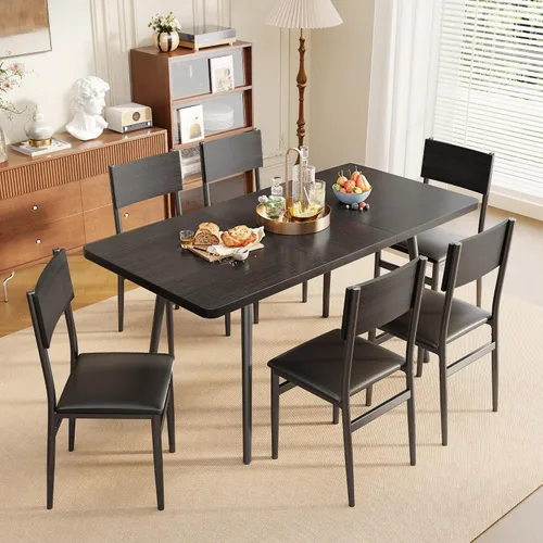 Ahomly Juego de mesa de comedor extensible de 7 piezas con 6 sillas acolchadas, juego de mesa de comedor de 63 pulgadas para 4-6, juego de mesa de