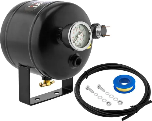 Vixen Horns: Sistema de tanque de bocina de tren/aire de 0.5 galones (2 litros) con 5 puertos/kit, 115 PSI con manómetro, interruptor de presión,