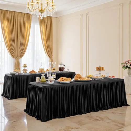 Miniatura 3 de leegleri Faldas de mesa de poliéster negro de 72 pulgadas para mesas rectangulares de 6 pies (cubierta frontal), pliegues sin arrugas, falda de mesa