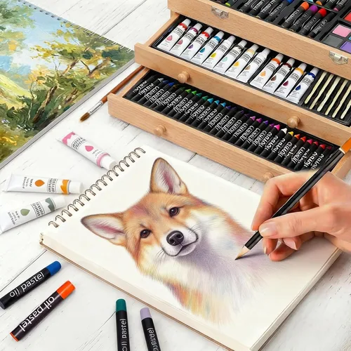 Miniatura 3 de Juego de 175 piezas de arte de madera de lujo con 2 almohadillas de dibujo, pinturas acrílicas, lápices de colores, lápices de colores, pincel, kit