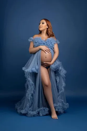 Miniatura 5 de Vestidos de maternidad de tul para sesión de fotos, bata de novia larga transparente con hombros descubiertos, vestidos de embarazo para mujeres