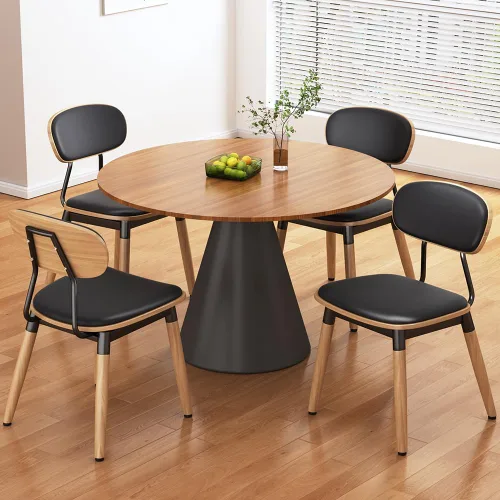 Juego de 4 sillas de comedor, modernas sillas de cocina tapizadas de piel sintética con respaldo de madera curvada de nogal y cojín de asiento