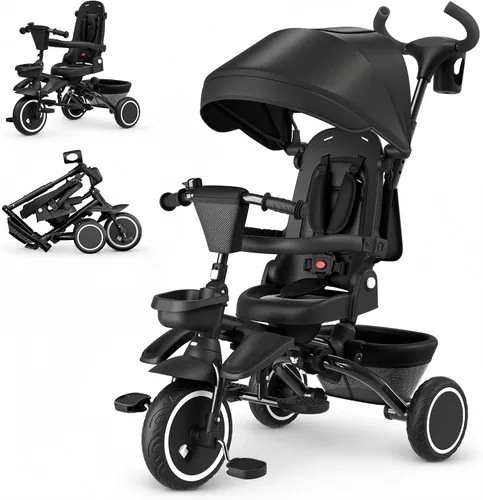 Triciclo 8 en 1 para niños, cochecito de triciclo plegable con asiento reversible, varilla de empuje ajustable y toldo, bicicleta triciclo para