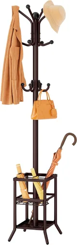 FAVOOSTY Perchero independiente, soporte de perchero con portaparaguas, árbol de abrigos de metal con 12 ganchos, árbol de ropa y sombrero para